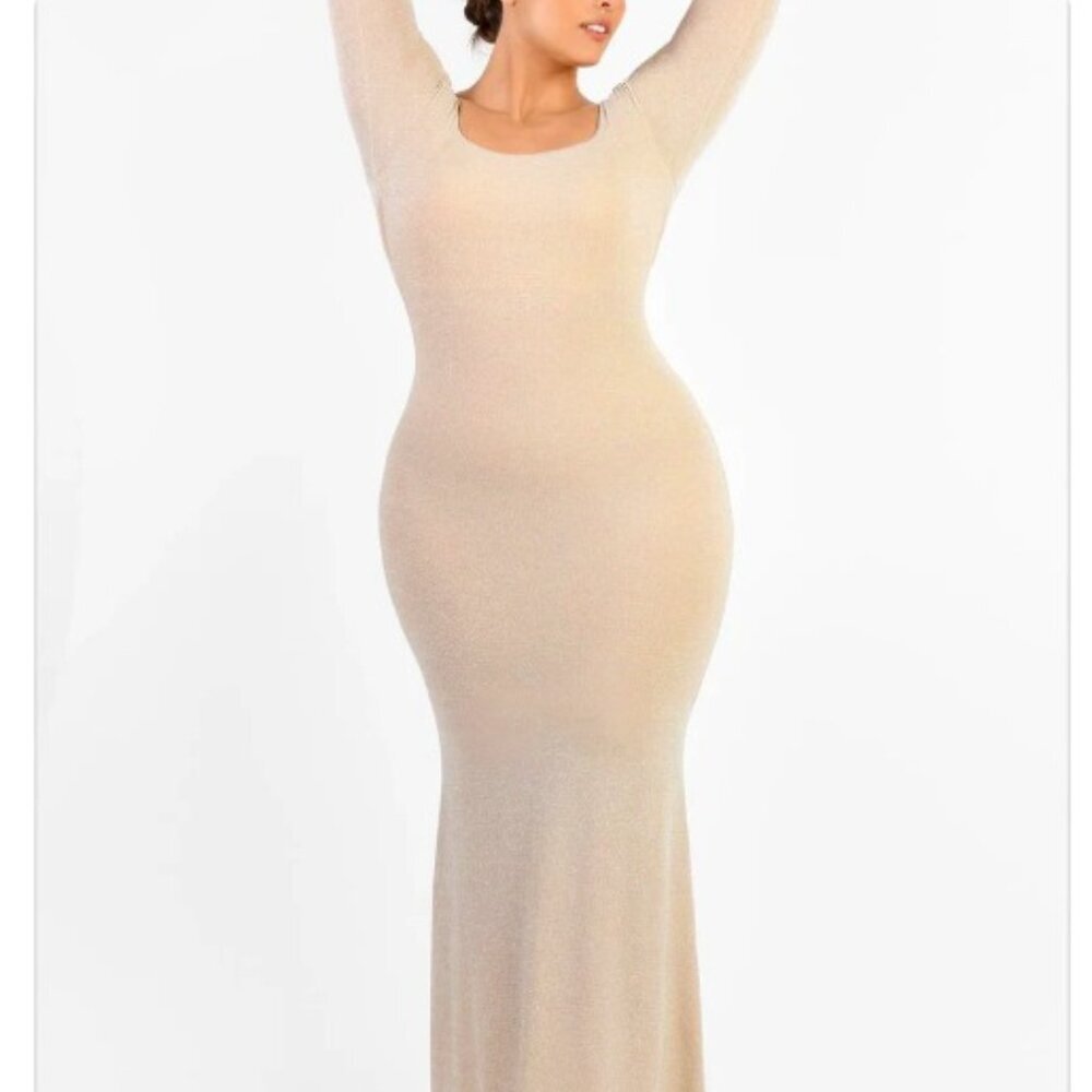 Shapellx Women's Long Sleeve Bodycon Mermaid Shaping Shimmer Maxi Dress - L